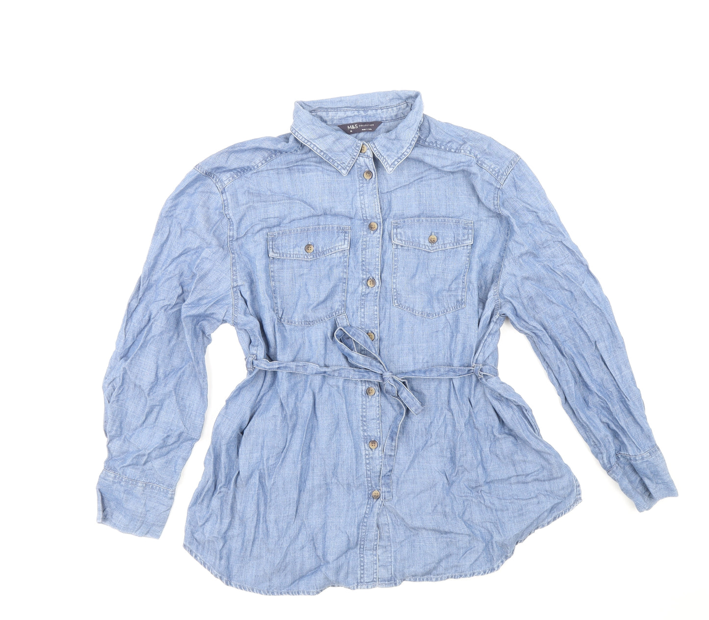 Marks and Spencer Womens Blue Lyocell Basic Button-Up Size 10 Collared