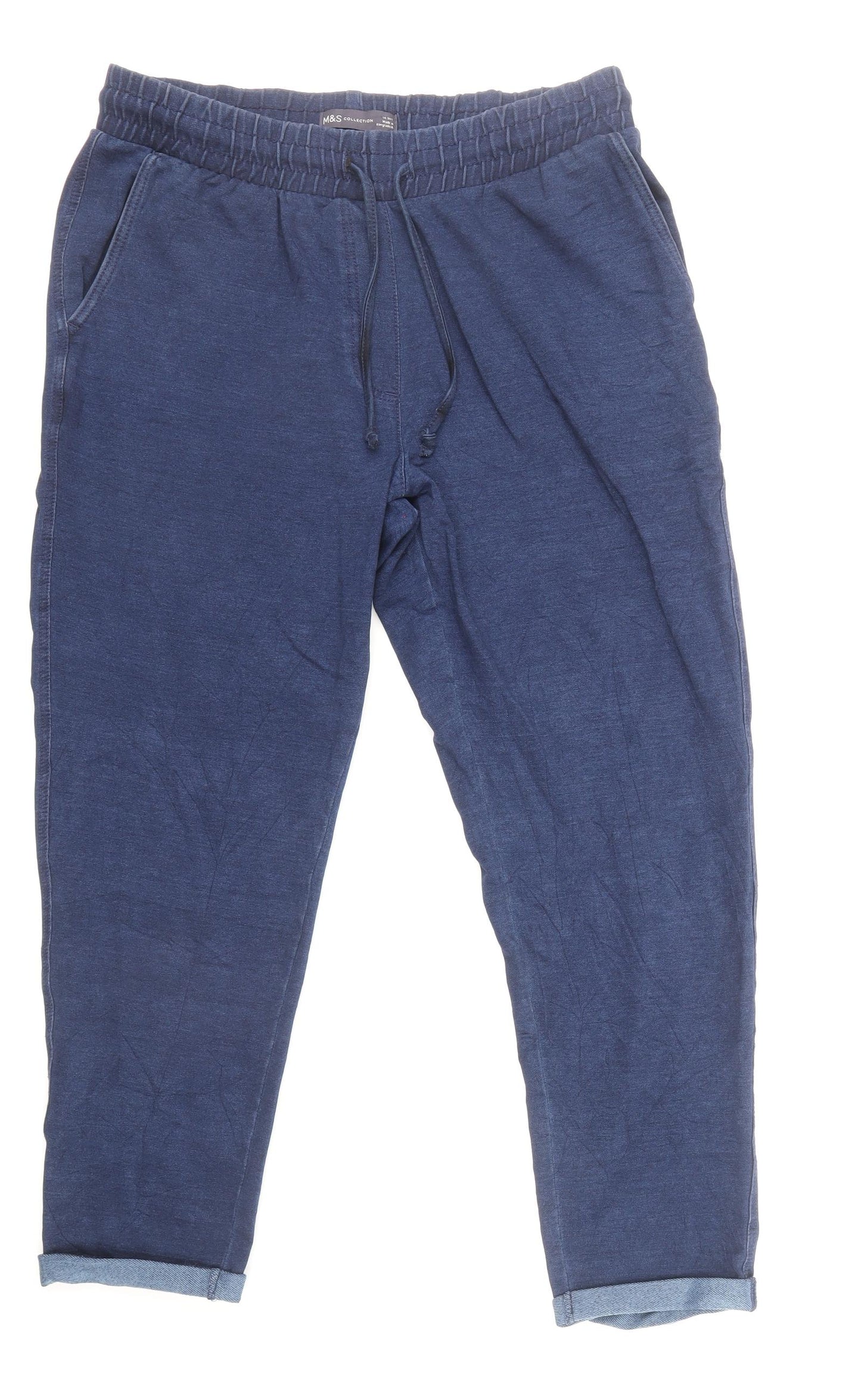 Marks and Spencer Womens Blue Cotton Jogger Trousers Size 14 L27 in Regular Tie