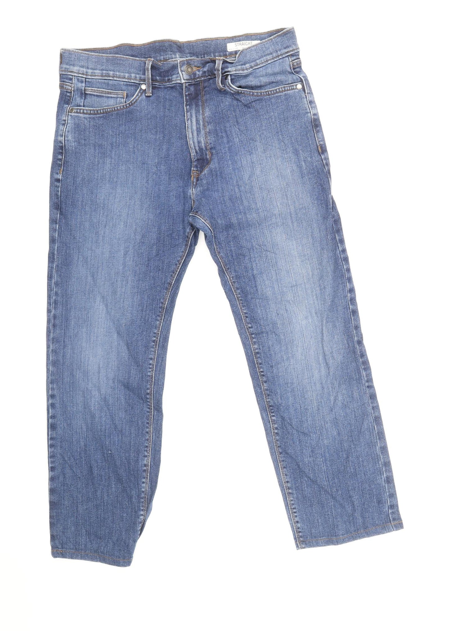 Marks and Spencer Mens Blue Herringbone Cotton Straight Jeans Size 32 in L29 in Regular Zip