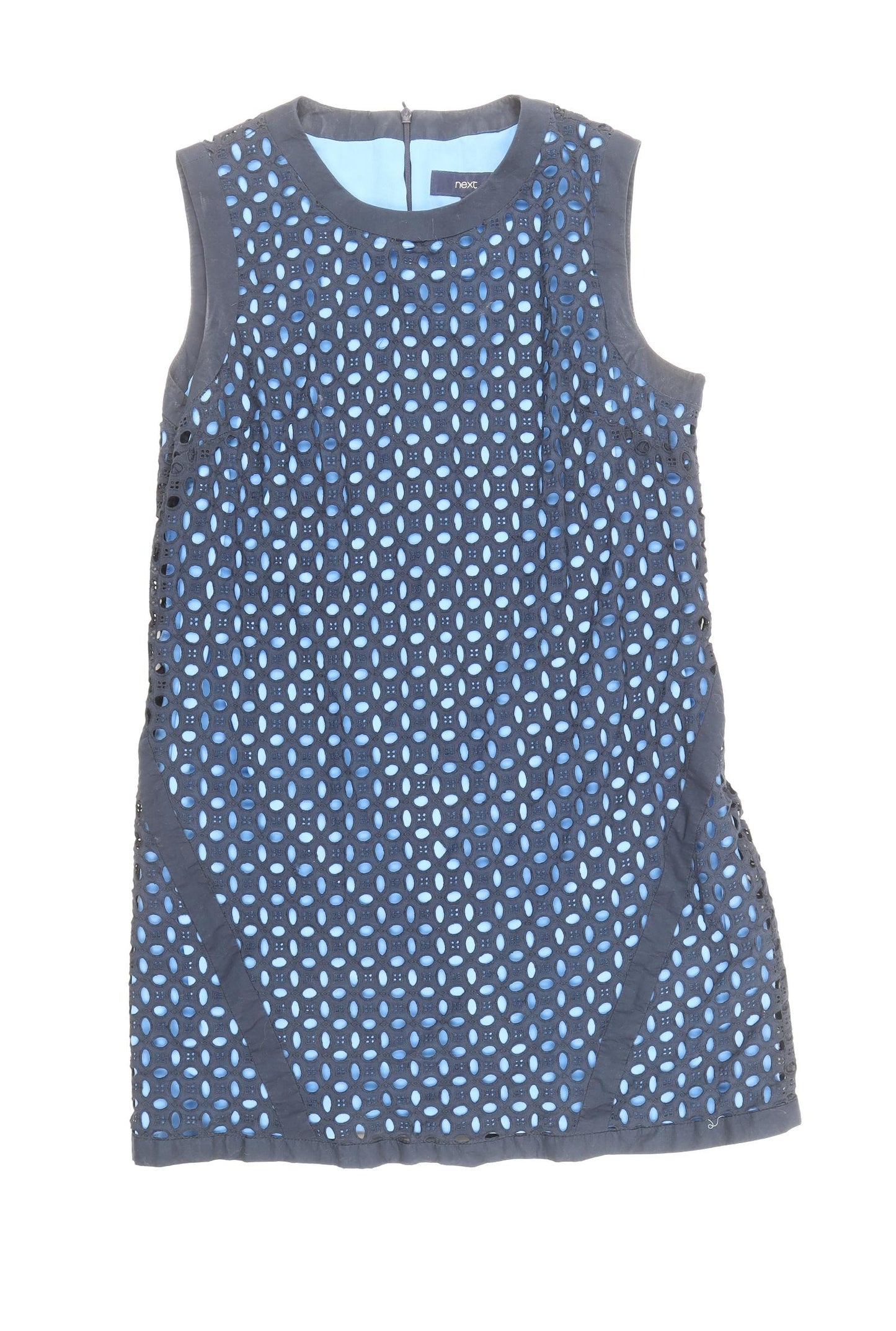 NEXT Womens Blue Cotton Shift Size 16 Round Neck Zip - Broderie Anglaise