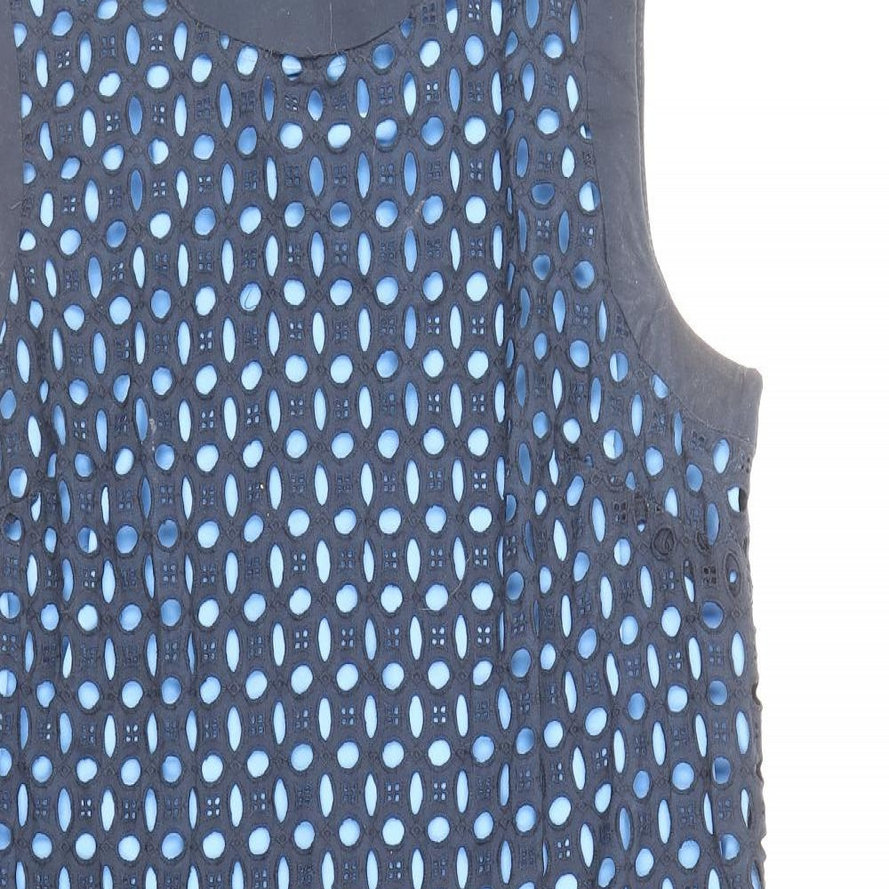 NEXT Womens Blue Cotton Shift Size 16 Round Neck Zip - Broderie Anglaise