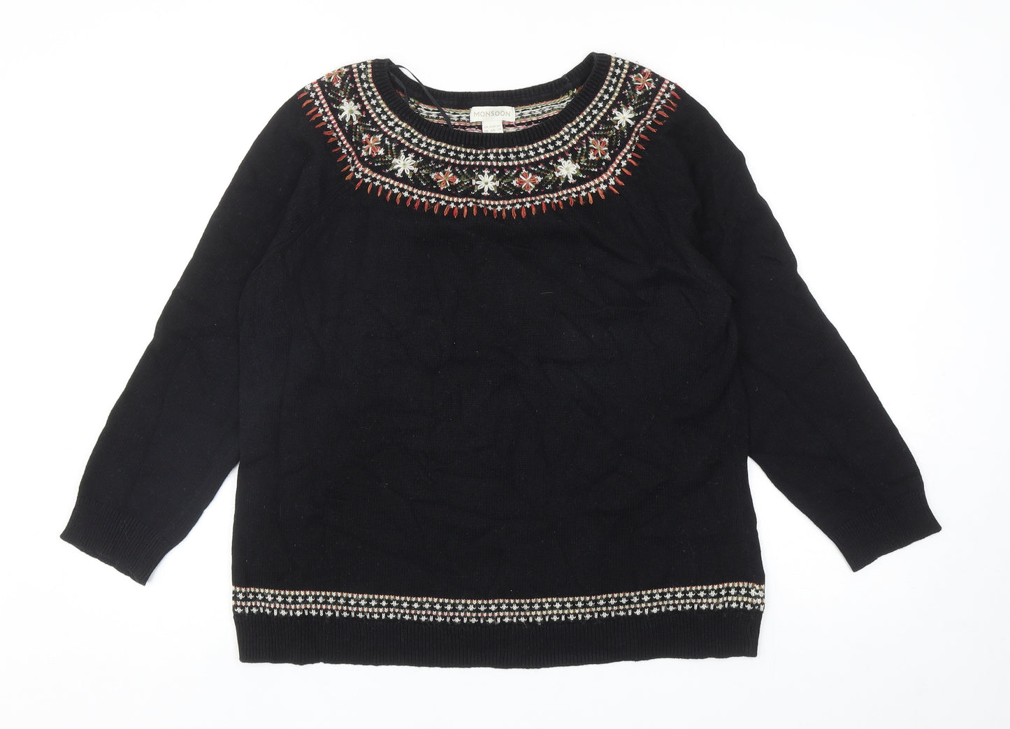 Monsoon Womens Black Round Neck Floral Cotton Pullover Jumper Size 18