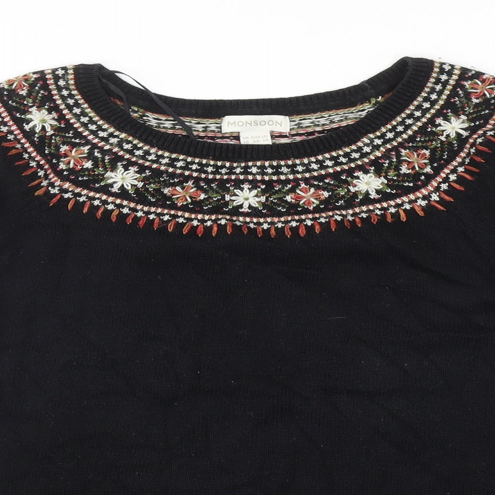Monsoon Womens Black Round Neck Floral Cotton Pullover Jumper Size 18