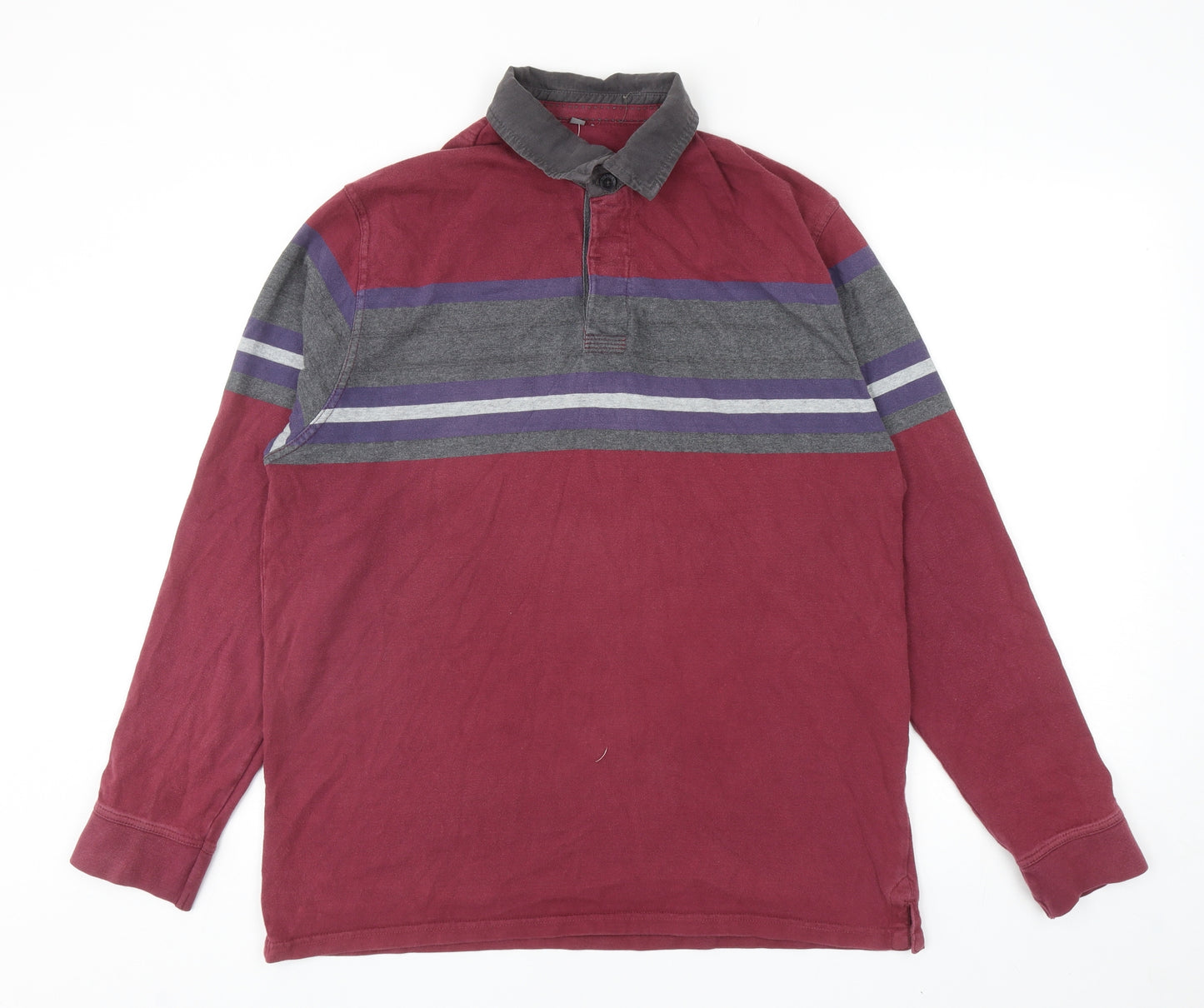 George Mens Red Striped Cotton Polo Size L Collared Button