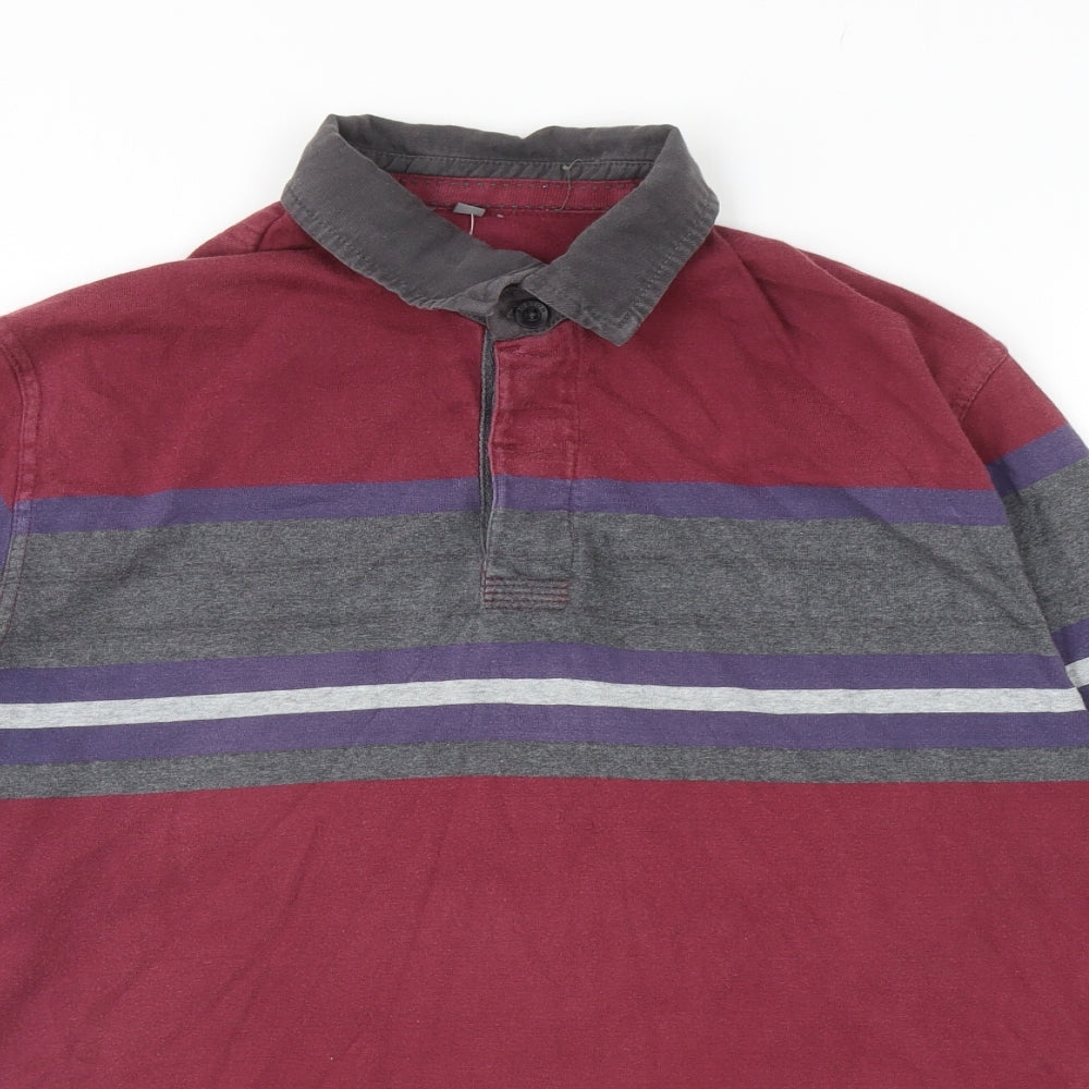 George Mens Red Striped Cotton Polo Size L Collared Button