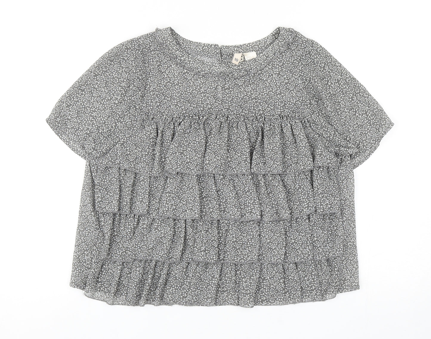H&M Womens Grey Floral Polyester Basic Blouse Size 10 Round Neck