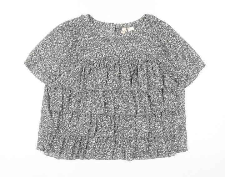 H&M Womens Grey Floral Polyester Basic Blouse Size 10 Round Neck