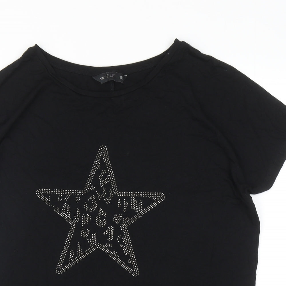 F&F Womens Black Viscose Basic T-Shirt Size M Round Neck - Star
