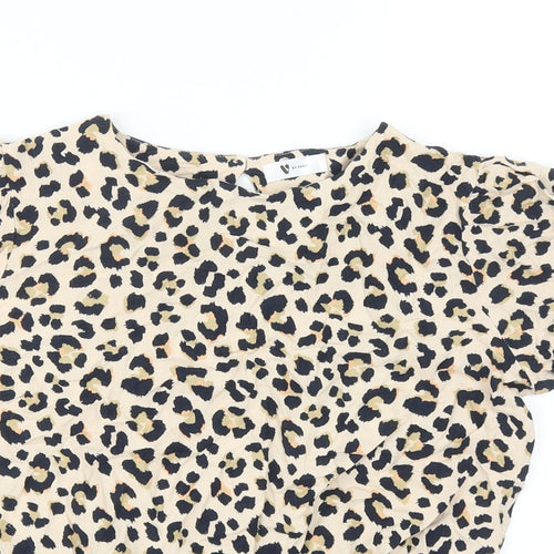 Very Girls Multicoloured Animal Print Viscose Basic Blouse Size 13 Years Mock Neck Button - Leopard Print
