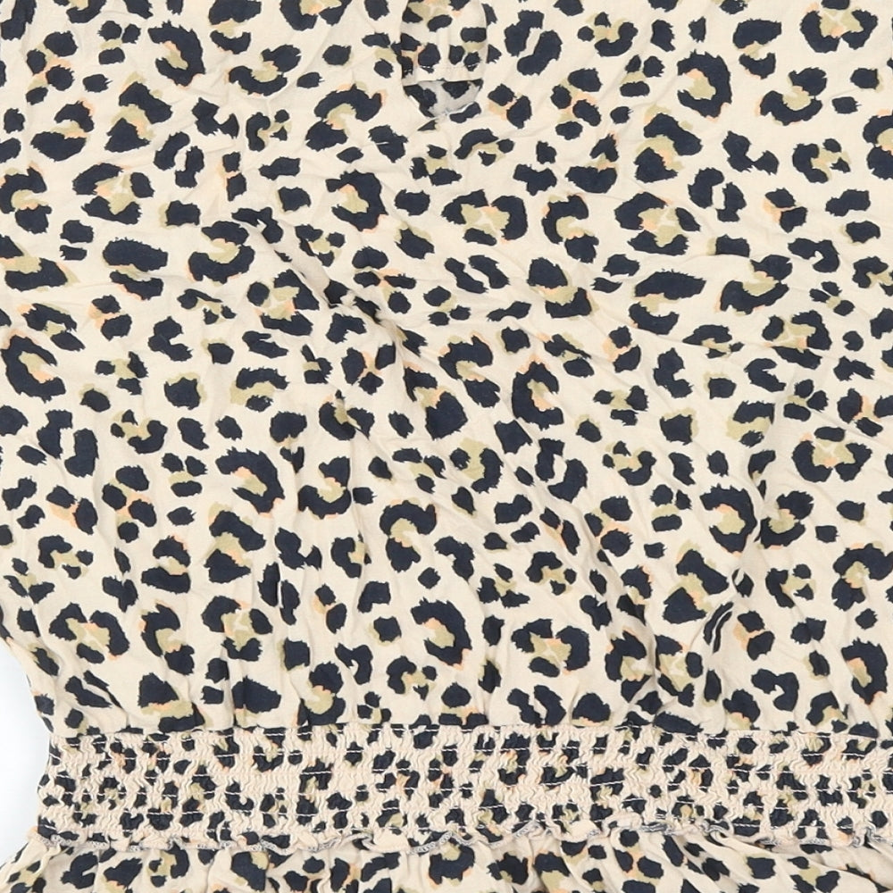 Very Girls Multicoloured Animal Print Viscose Basic Blouse Size 13 Years Mock Neck Button - Leopard Print