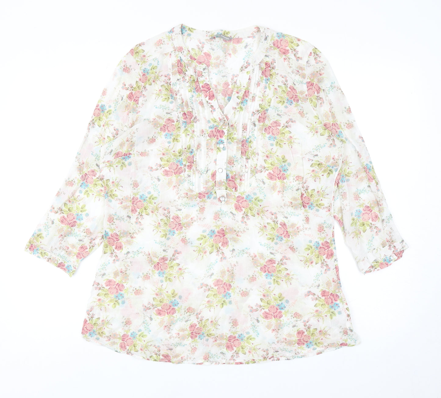 Marks and Spencer Womens Multicoloured Floral Cotton Basic Blouse Size 12 V-Neck - Pintuck