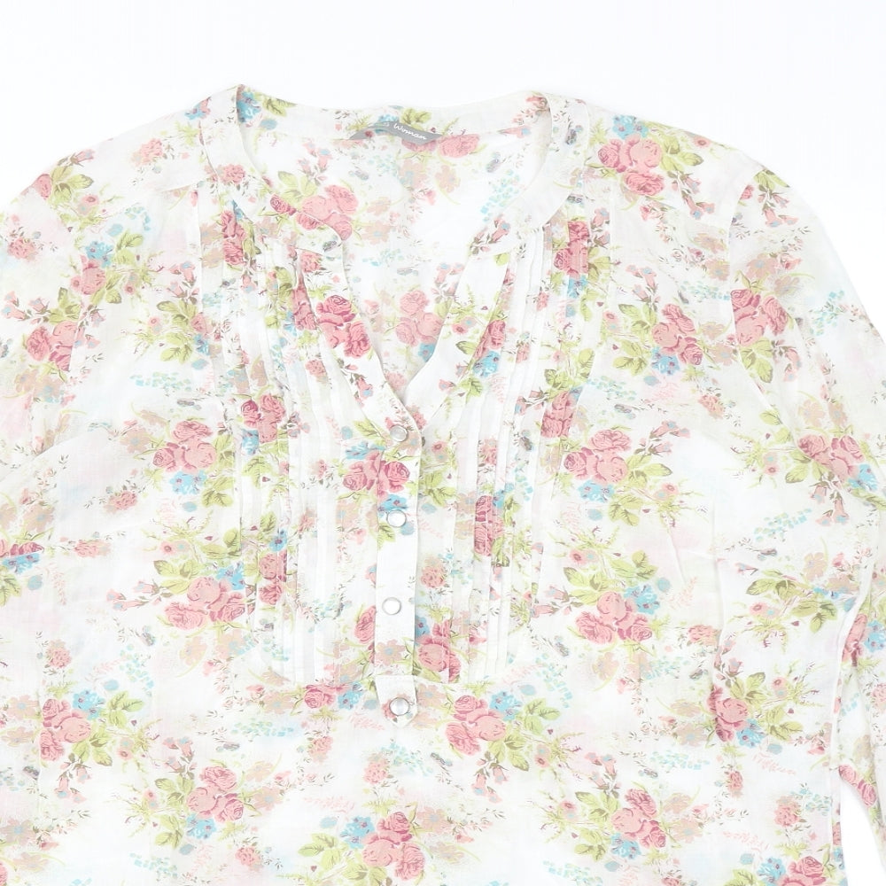 Marks and Spencer Womens Multicoloured Floral Cotton Basic Blouse Size 12 V-Neck - Pintuck