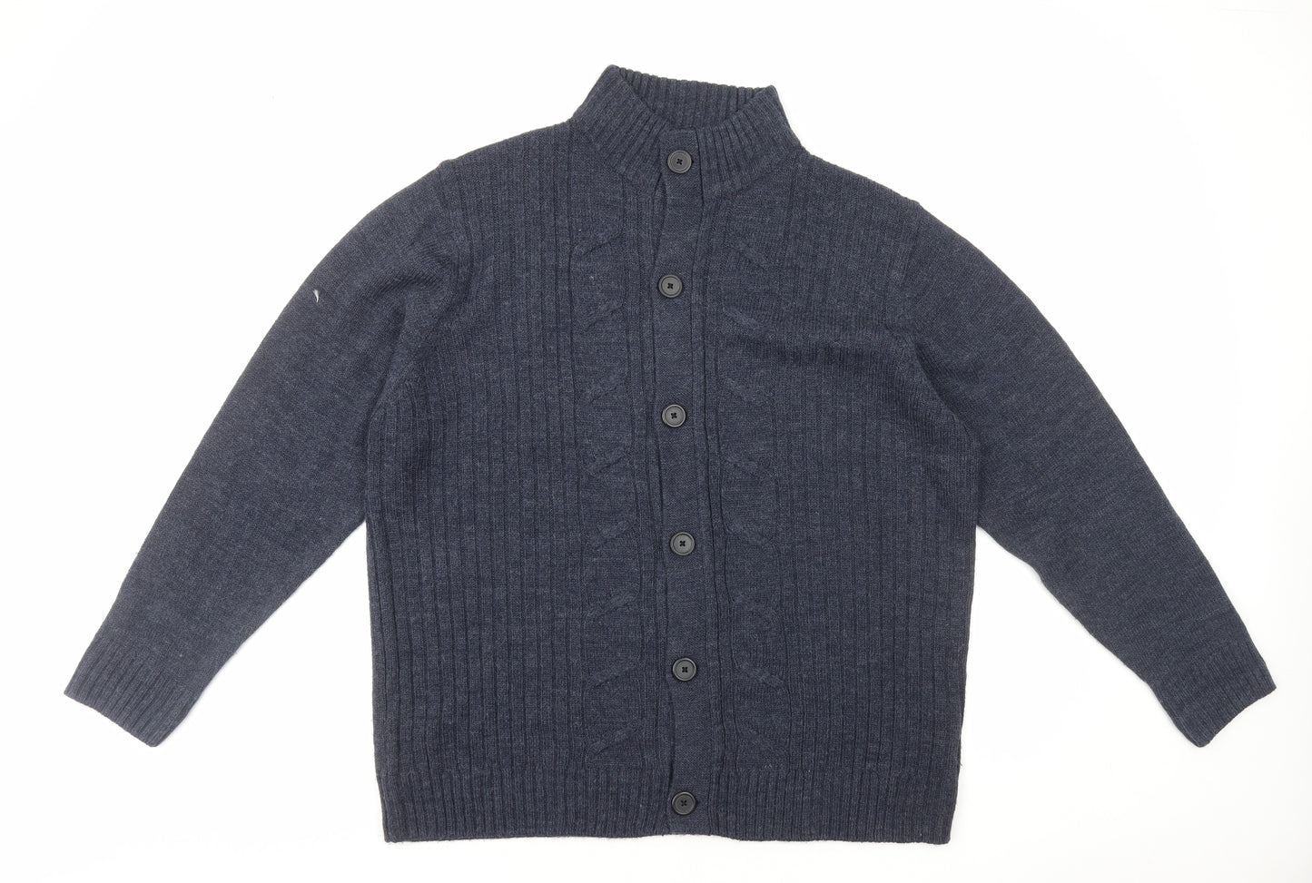 George Mens Blue Mock Neck Acrylic Cardigan Jumper Size 2XL