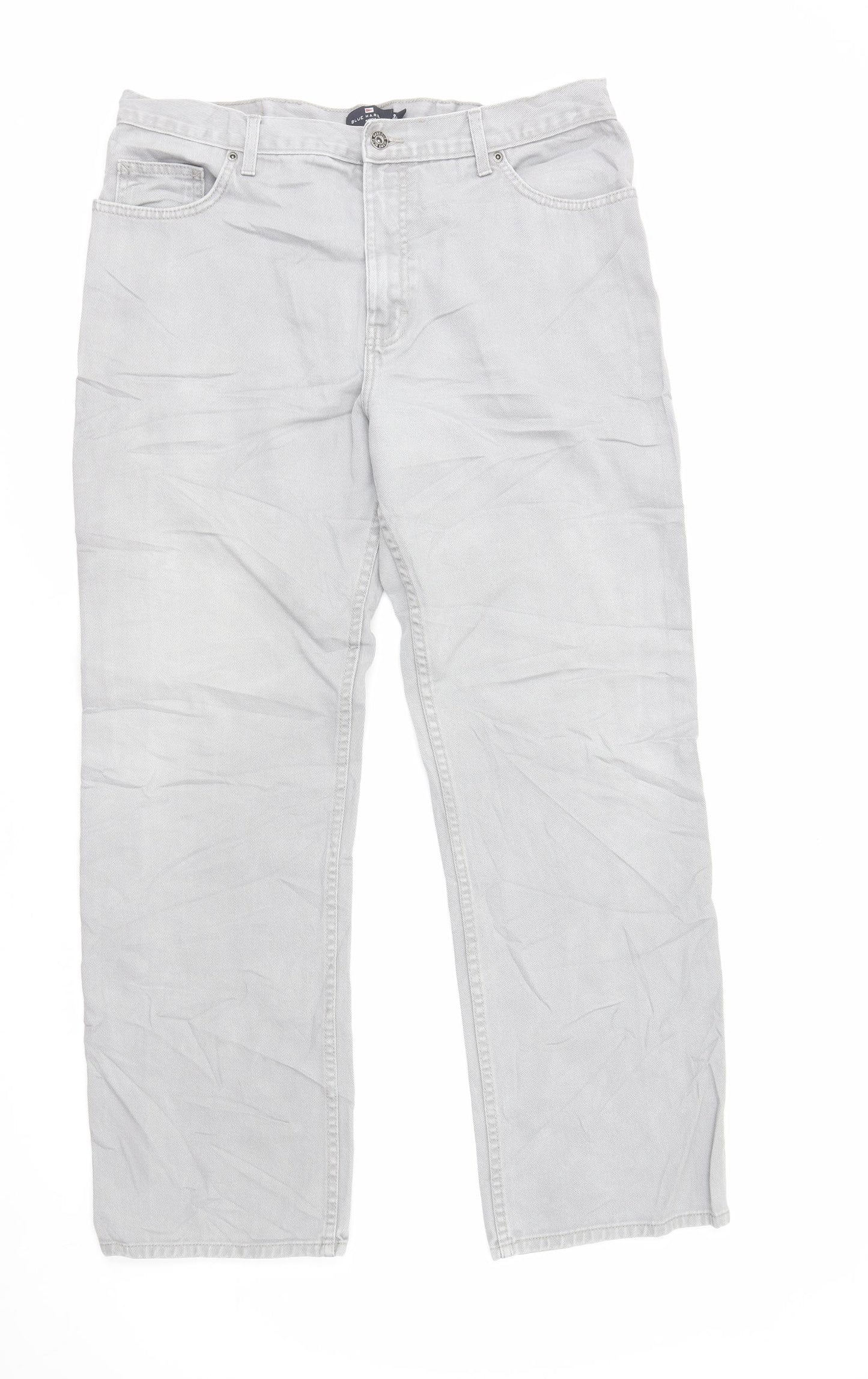 Marks and Spencer Mens Grey Herringbone Cotton Straight Jeans Size XL L33 in Regular Zip