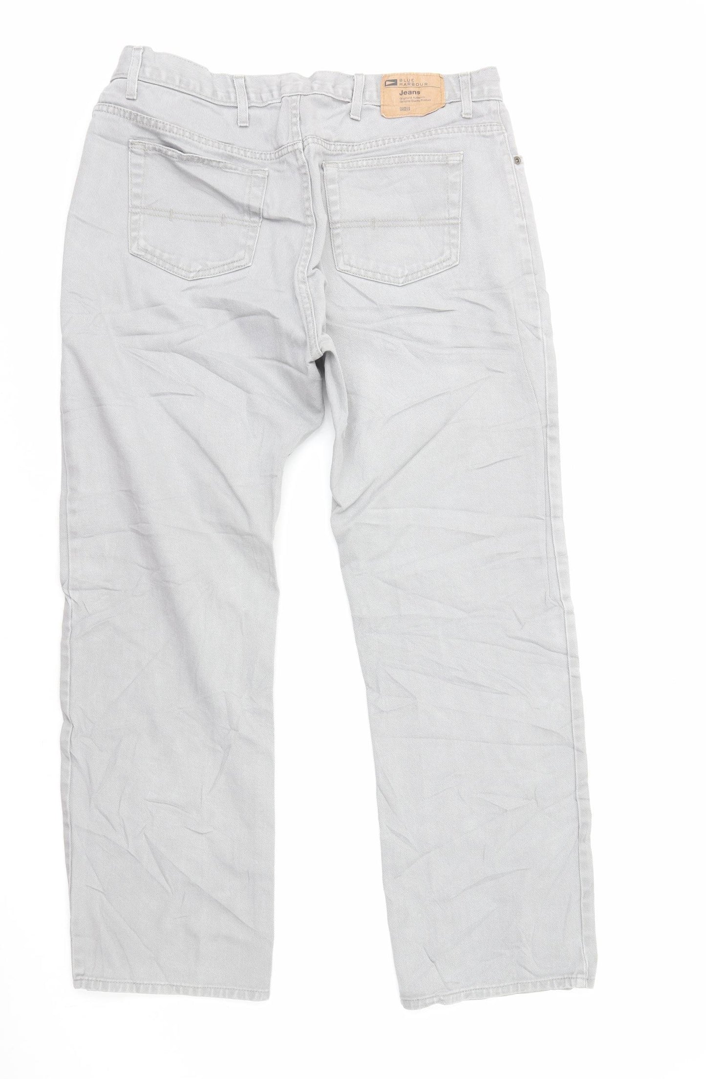 Marks and Spencer Mens Grey Herringbone Cotton Straight Jeans Size XL L33 in Regular Zip