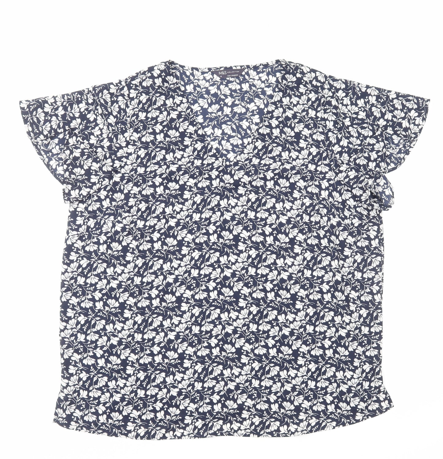 Marks and Spencer Womens Blue Floral Polyester Basic Blouse Size 18 V-Neck