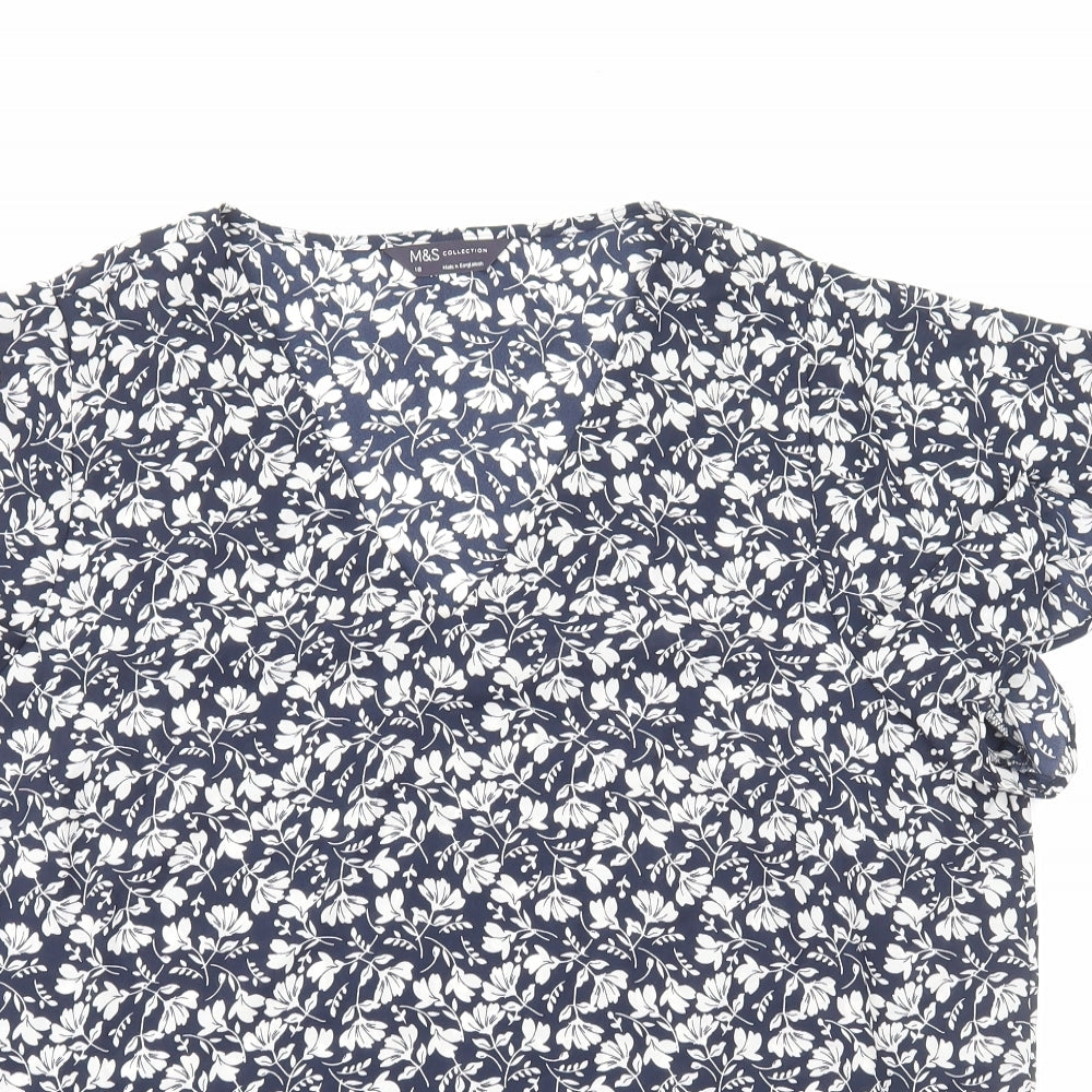 Marks and Spencer Womens Blue Floral Polyester Basic Blouse Size 18 V-Neck