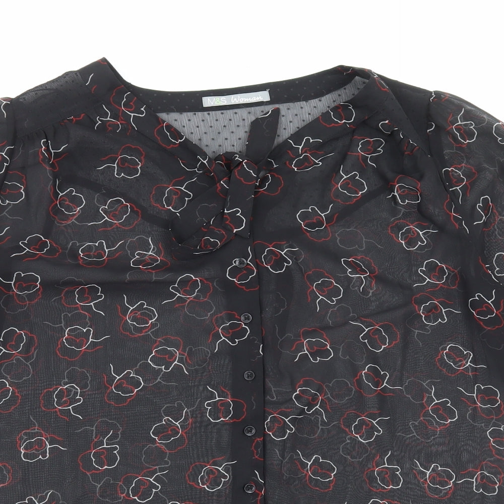 Marks and Spencer Womens Black Geometric Polyester Basic Blouse Size 16 V-Neck