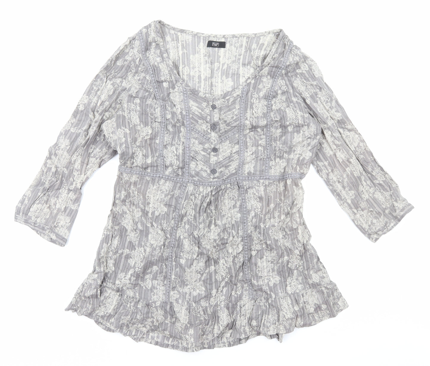 F&F Womens Grey Floral Cotton Basic Blouse Size 14 Scoop Neck