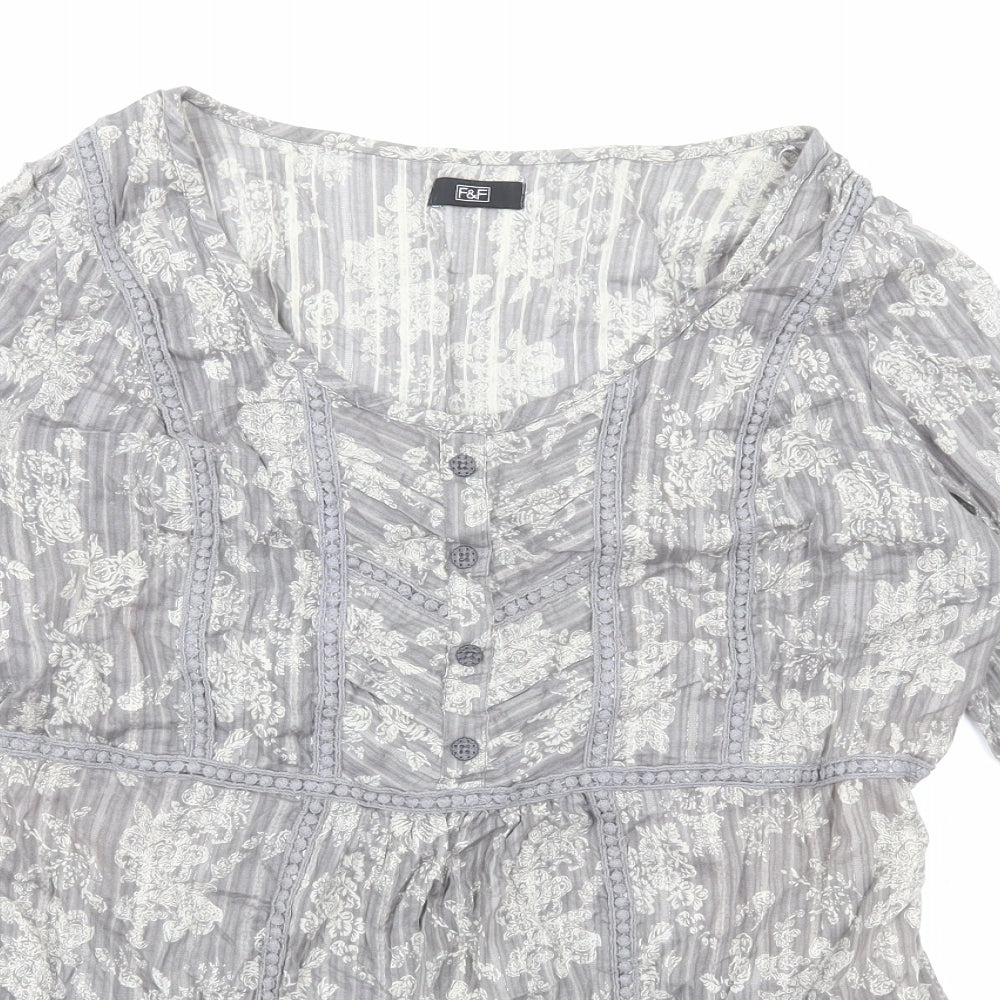 F&F Womens Grey Floral Cotton Basic Blouse Size 14 Scoop Neck