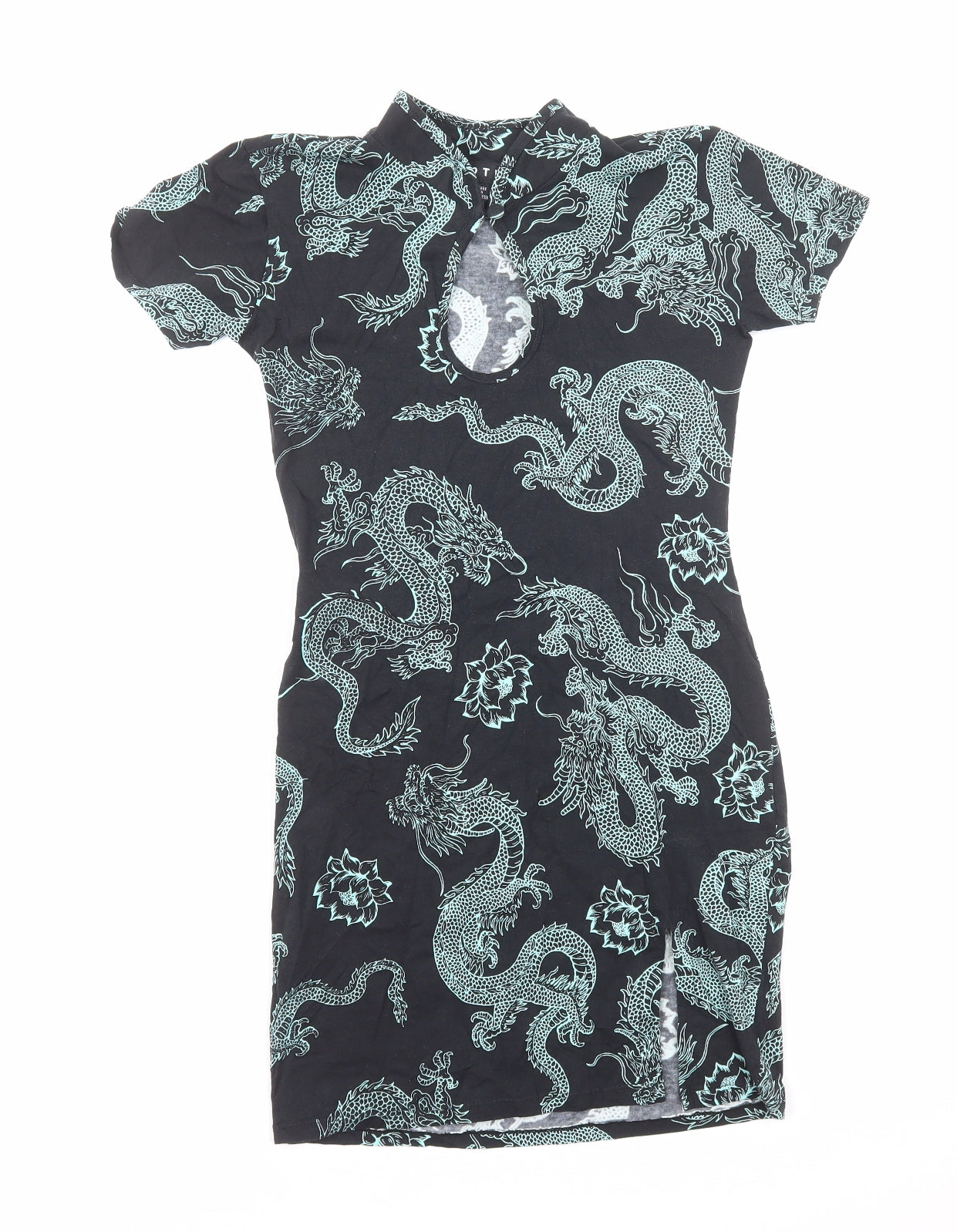 Motel Womens Black Geometric Cotton Mini Size S Collared Pullover - Chinese Dragon