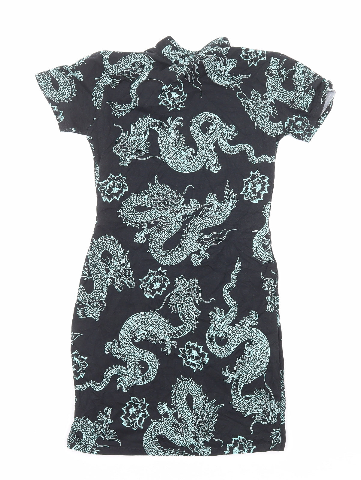 Motel Womens Black Geometric Cotton Mini Size S Collared Pullover - Chinese Dragon