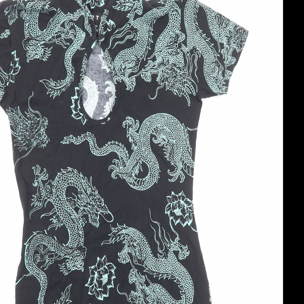 Motel Womens Black Geometric Cotton Mini Size S Collared Pullover - Chinese Dragon