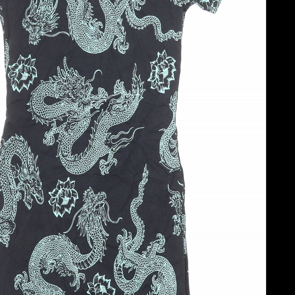 Motel Womens Black Geometric Cotton Mini Size S Collared Pullover - Chinese Dragon