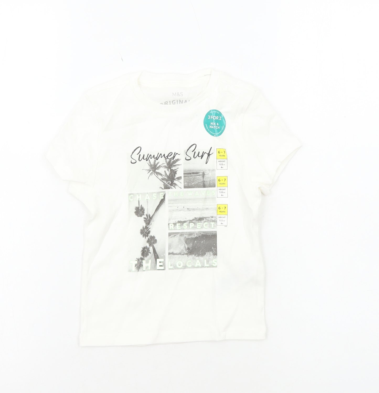 Marks and Spencer Girls White Cotton Basic T-Shirt Size 6-7 Years Round Neck Pullover - Summer Surf