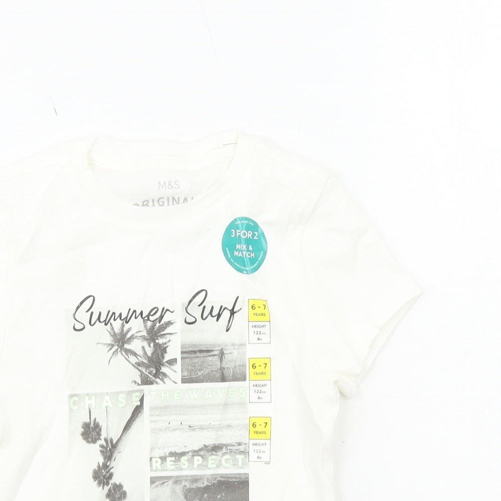 Marks and Spencer Girls White Cotton Basic T-Shirt Size 6-7 Years Round Neck Pullover - Summer Surf