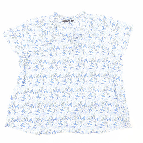 Marks and Spencer Womens Blue Floral Viscose Basic Blouse Size 18 Round Neck - Tie Neck