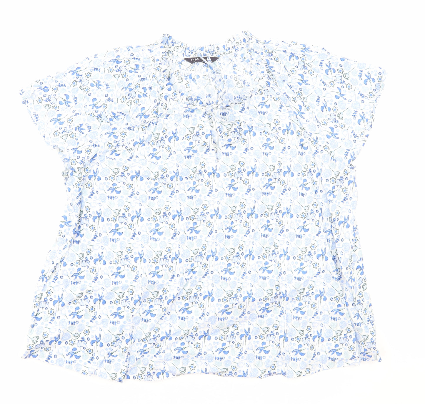 Marks and Spencer Womens Blue Floral Viscose Basic Blouse Size 18 Round Neck - Tie Neck