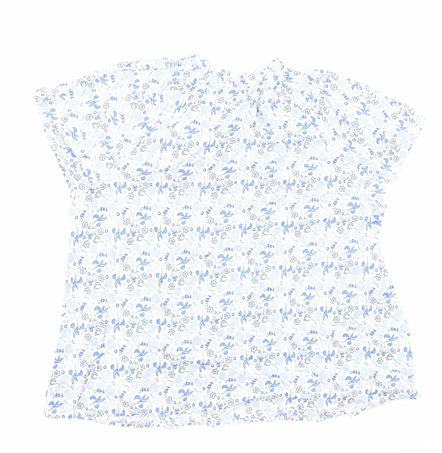 Marks and Spencer Womens Blue Floral Viscose Basic Blouse Size 18 Round Neck - Tie Neck