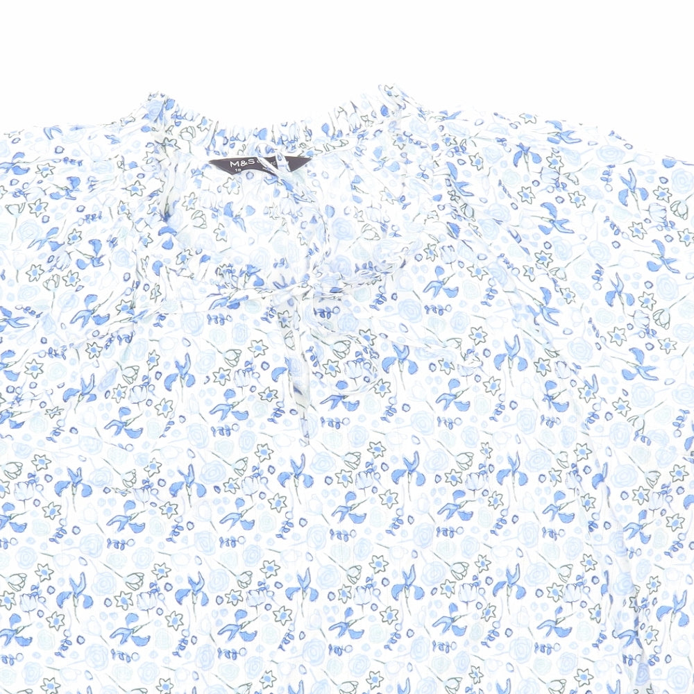 Marks and Spencer Womens Blue Floral Viscose Basic Blouse Size 18 Round Neck - Tie Neck