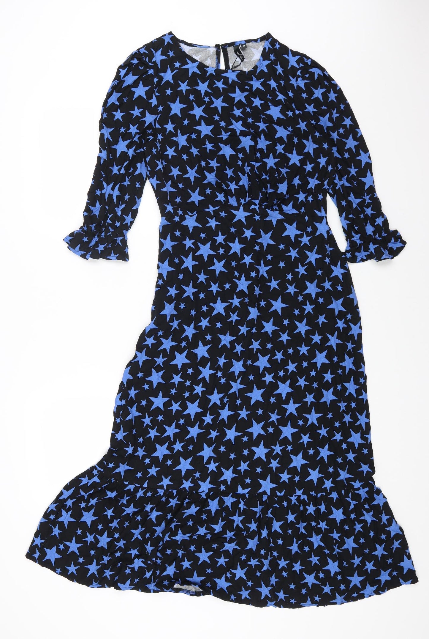 Nobody's Child Womens Black Floral Viscose A-Line Size 12 Round Neck Zip - Star Pattern