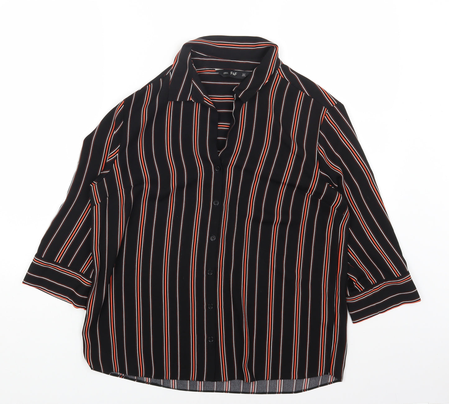 F&F Womens Black Striped Polyester Basic Button-Up Size 12 Collared
