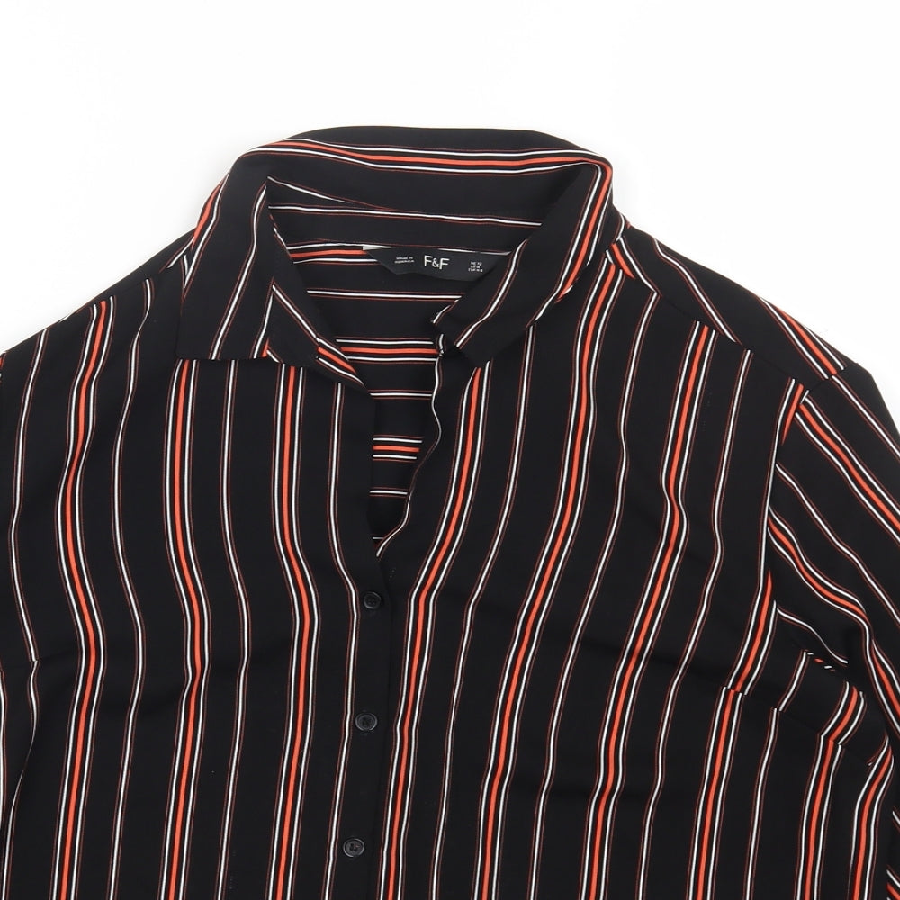 F&F Womens Black Striped Polyester Basic Button-Up Size 12 Collared
