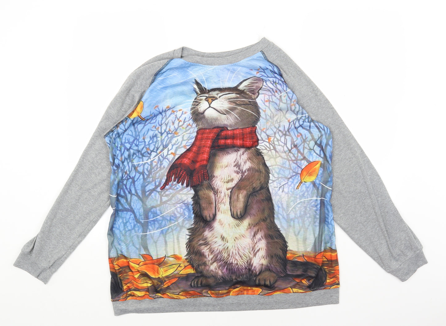 Preworn Mens Grey Polyester Pullover Sweatshirt Size 3XL - Cat Print