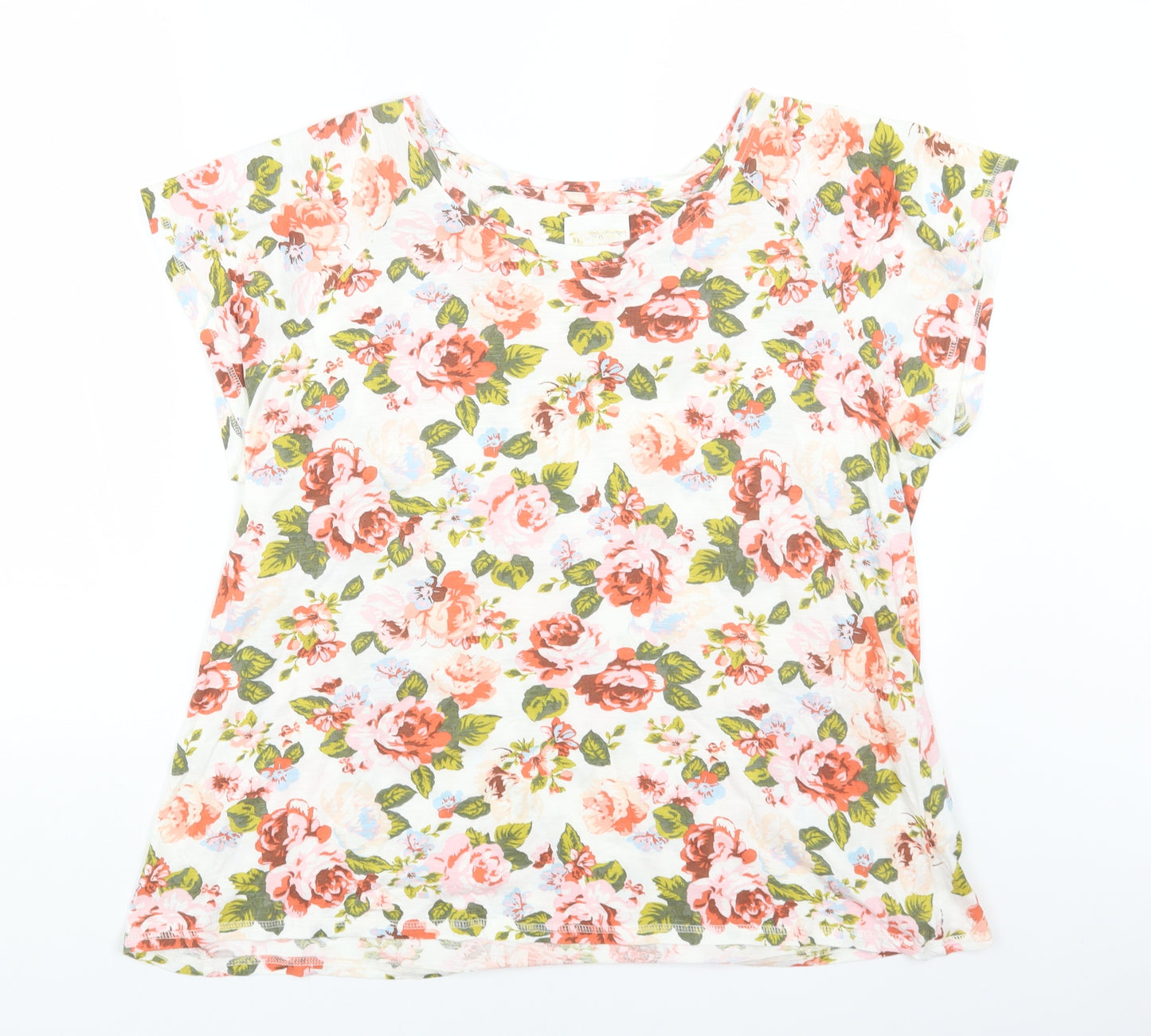 TU Womens White Floral Cotton Basic Blouse Size 16 Round Neck