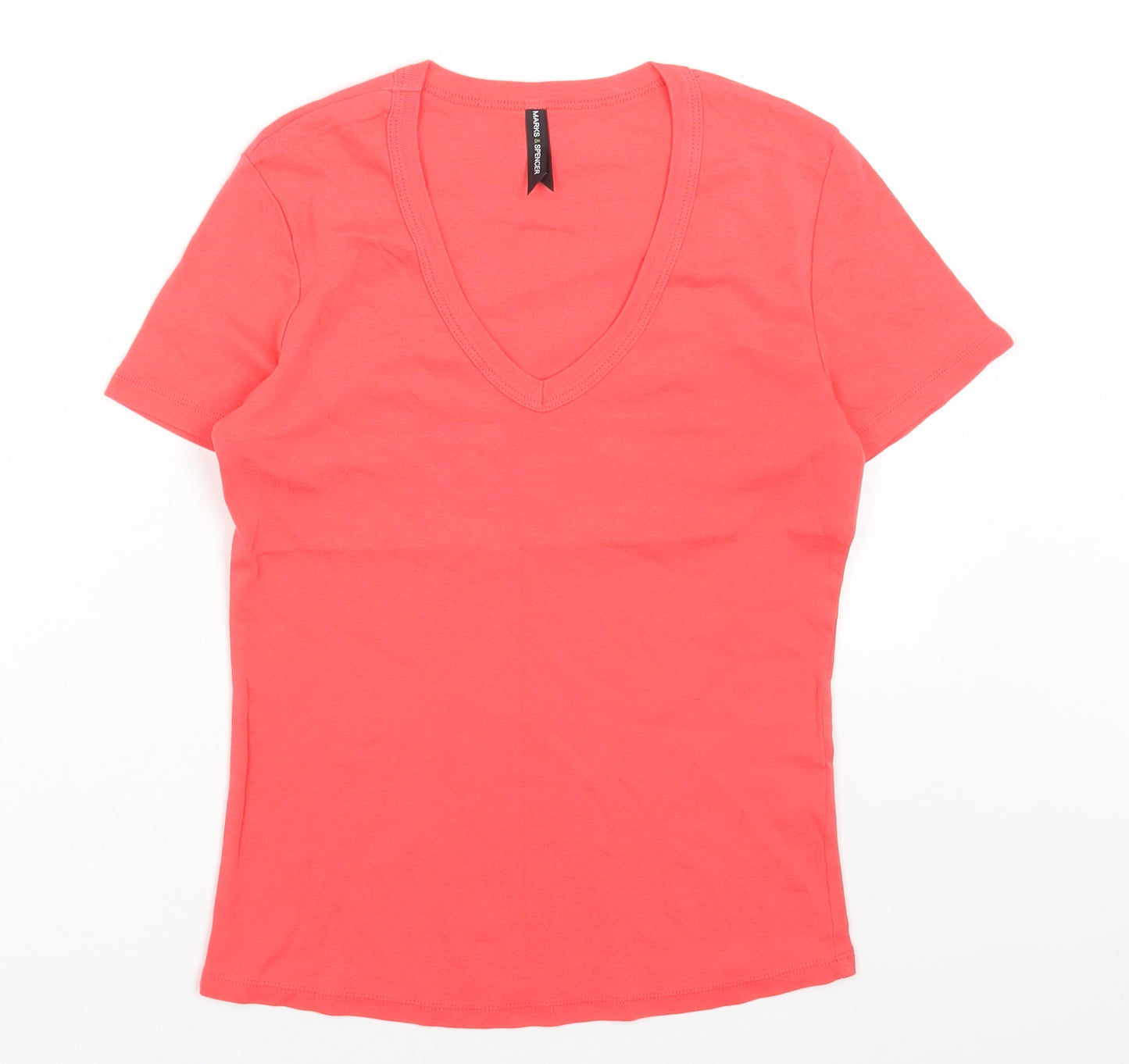 Marks and Spencer Womens Pink Cotton Basic T-Shirt Size 12 V-Neck
