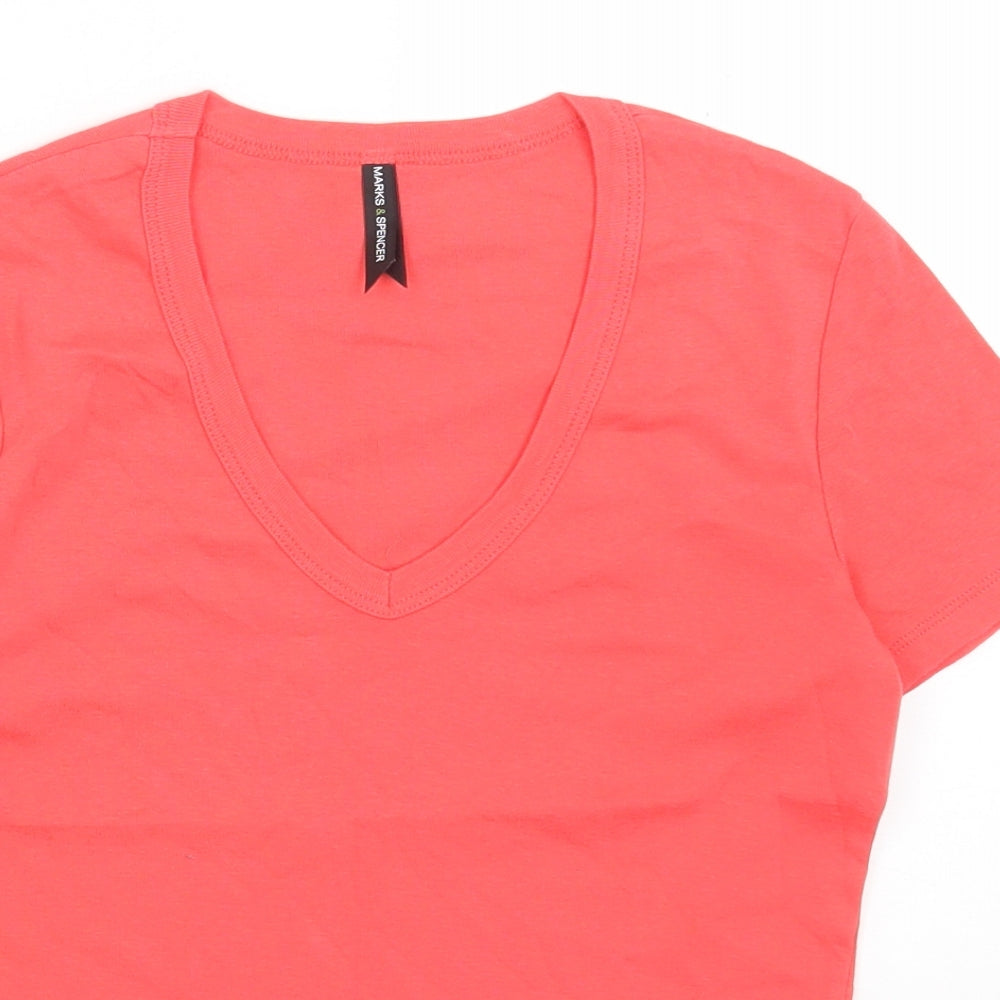 Marks and Spencer Womens Pink Cotton Basic T-Shirt Size 12 V-Neck