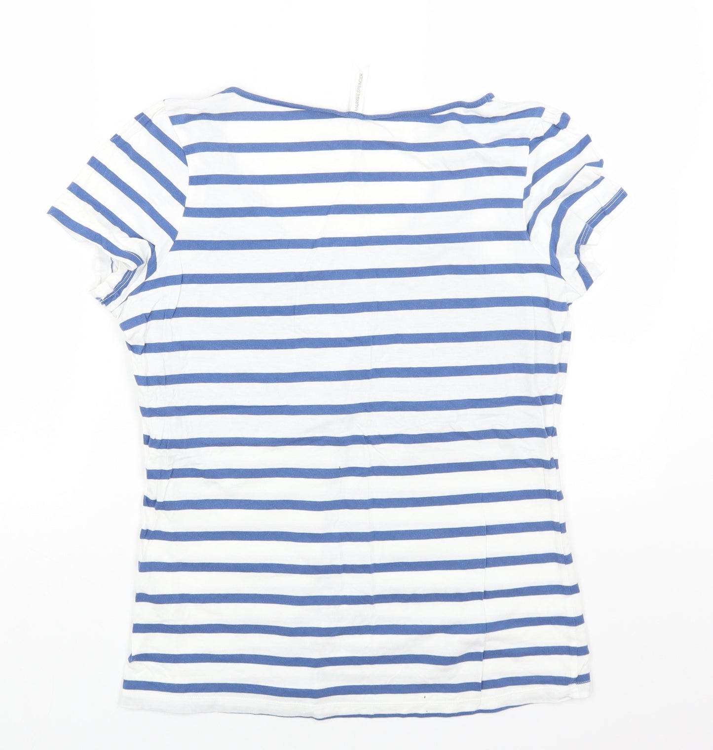 Marks and Spencer Womens White Striped Cotton Basic T-Shirt Size 16 Scoop Neck