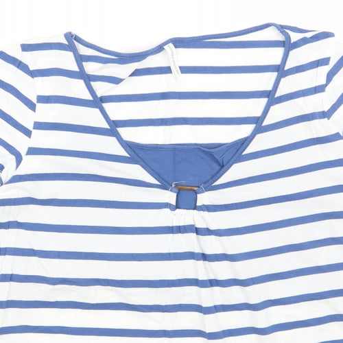Marks and Spencer Womens White Striped Cotton Basic T-Shirt Size 16 Scoop Neck