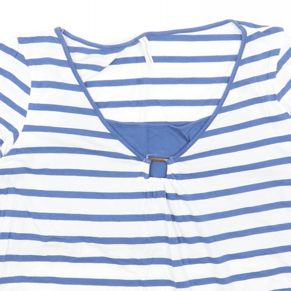 Marks and Spencer Womens White Striped Cotton Basic T-Shirt Size 16 Scoop Neck