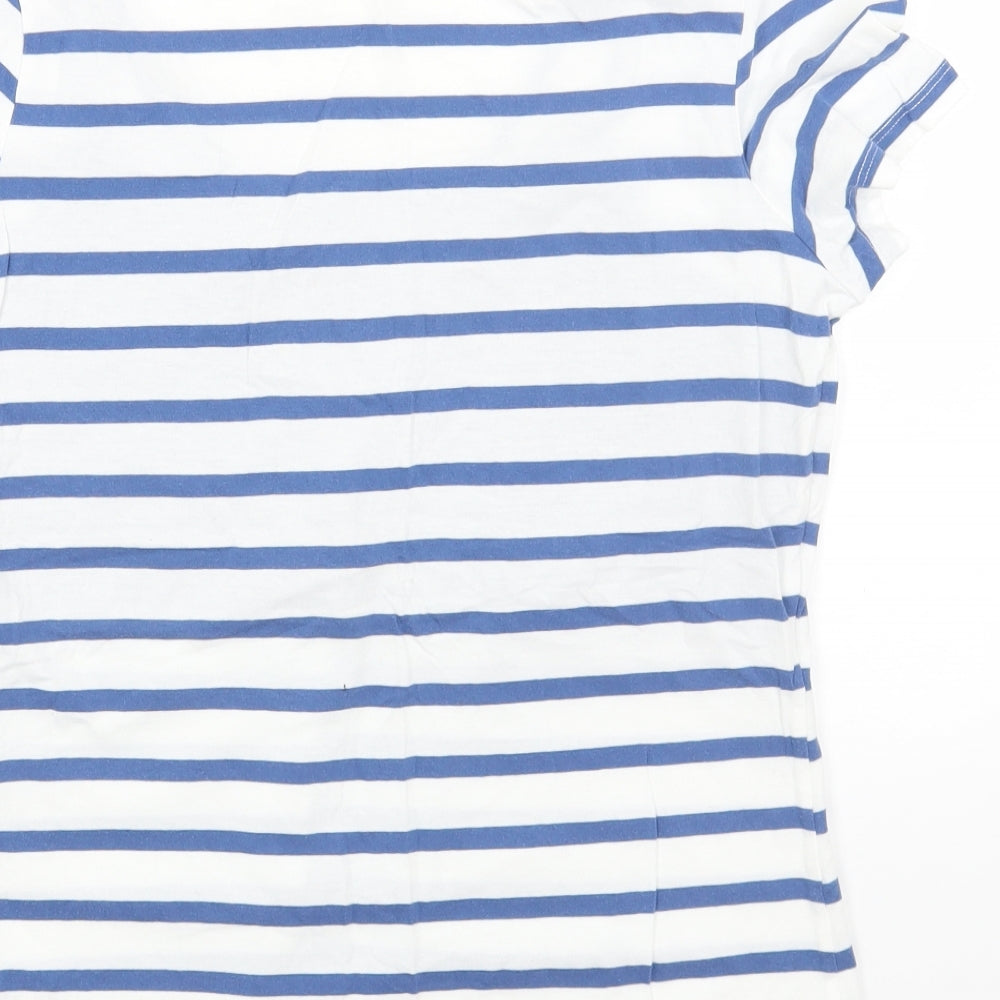 Marks and Spencer Womens White Striped Cotton Basic T-Shirt Size 16 Scoop Neck