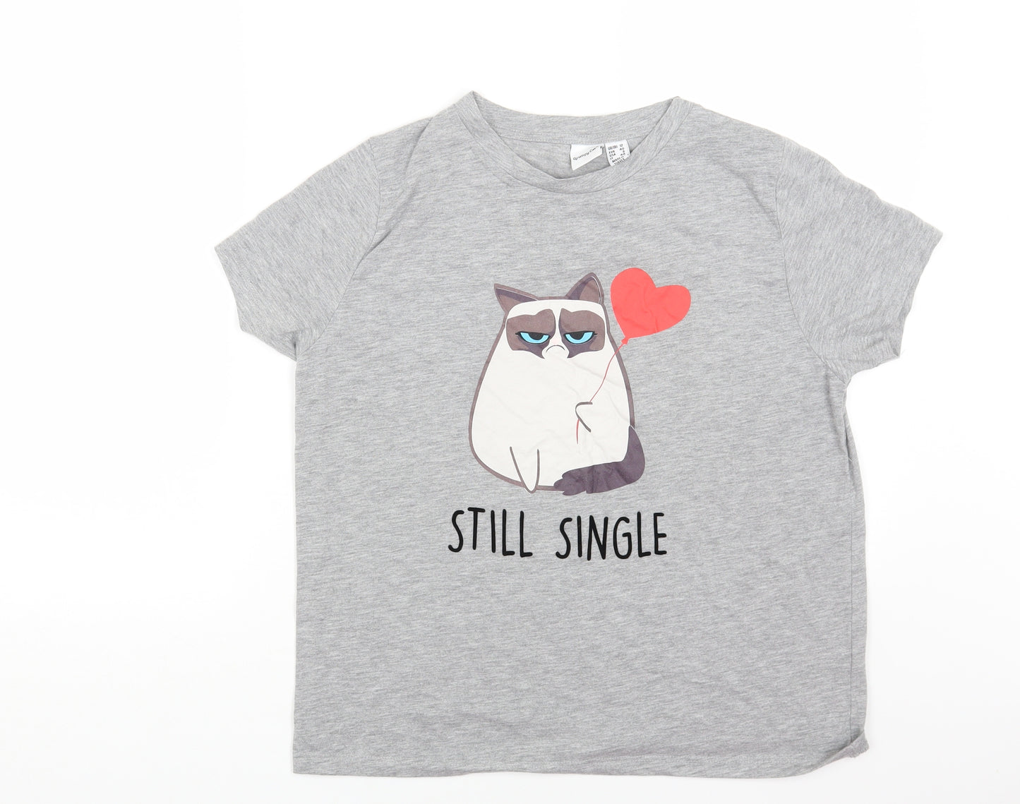 Primark Womens Grey Polyester Basic T-Shirt Size 12 Round Neck - Grump Cat, Still Single