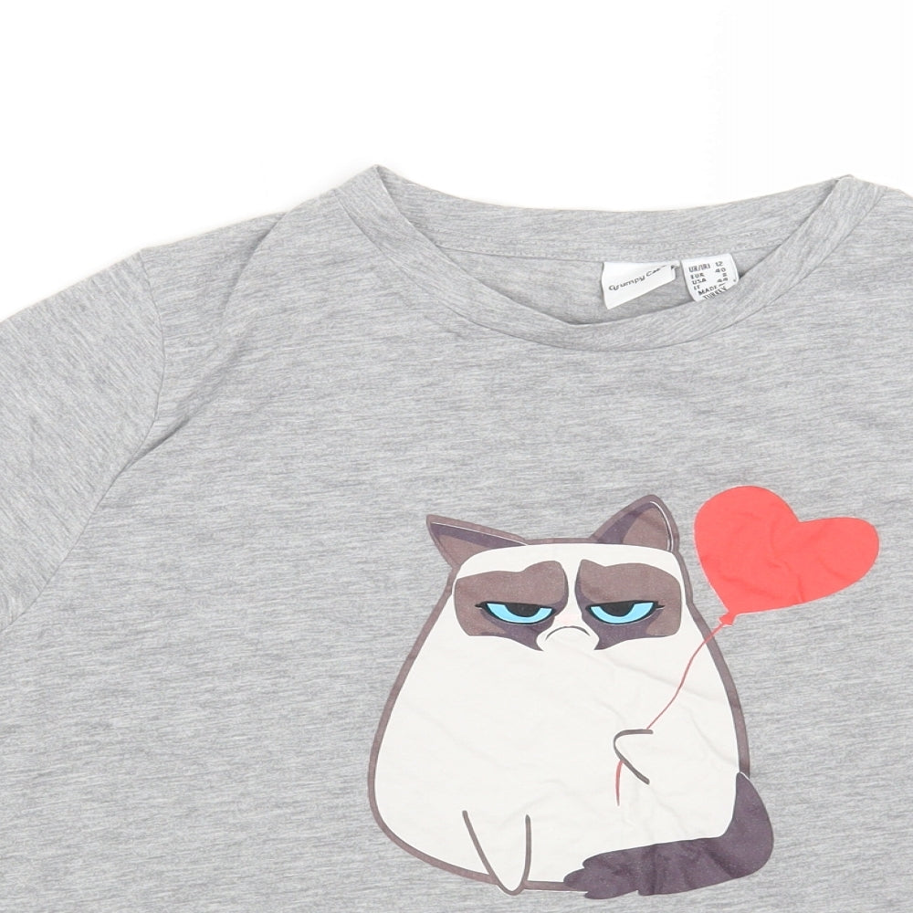 Primark Womens Grey Polyester Basic T-Shirt Size 12 Round Neck - Grump Cat, Still Single