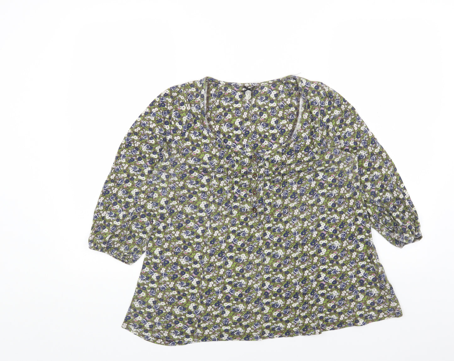 NEXT Womens Green Floral Cotton Basic Blouse Size 14 Scoop Neck