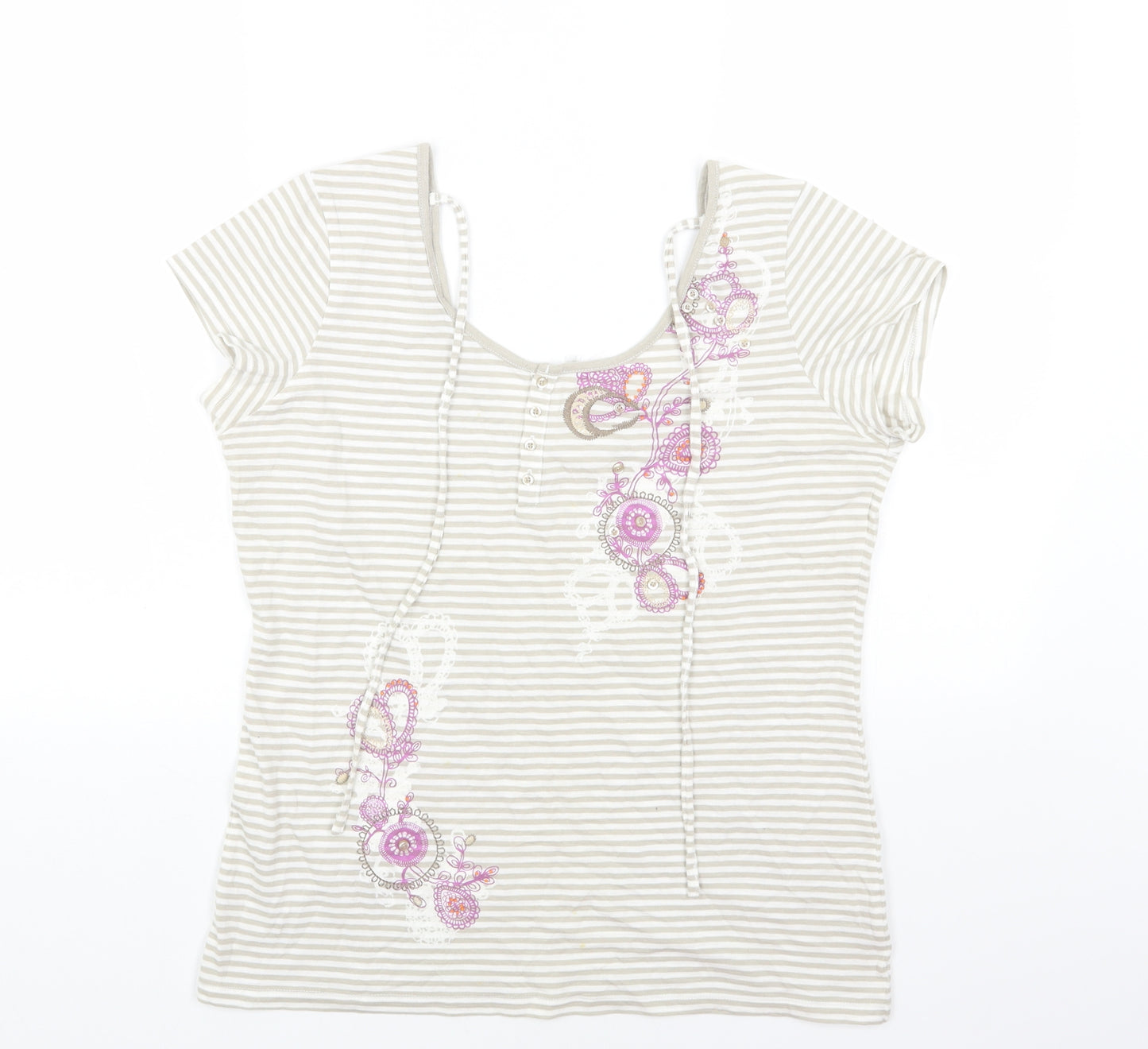 NEXT Womens Grey Striped Cotton Basic T-Shirt Size 16 Scoop Neck