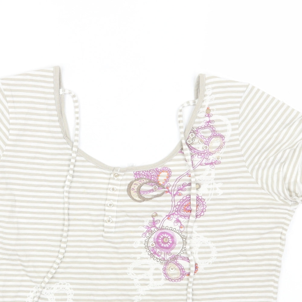 NEXT Womens Grey Striped Cotton Basic T-Shirt Size 16 Scoop Neck